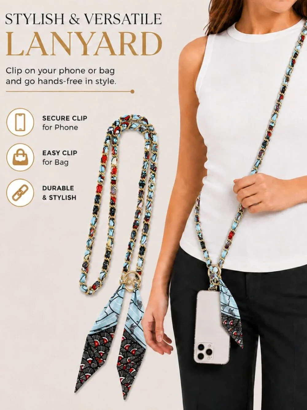 Ribbon Chain Phone Crossbody Lanyard with clear Tether Patch